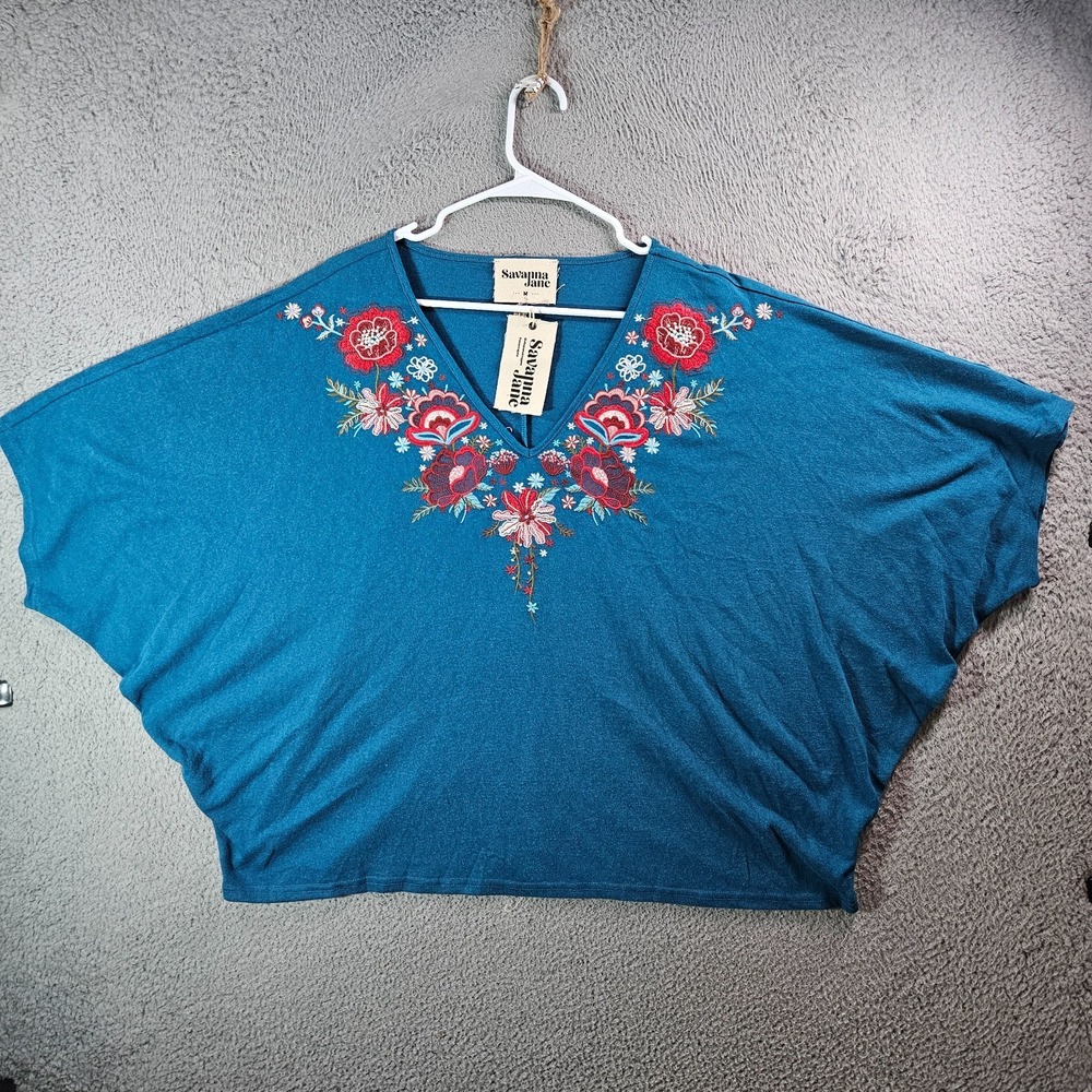 NEW Savanna Jane Poncho Top Women Medium Floral Embroidered Teal Blue Stretch